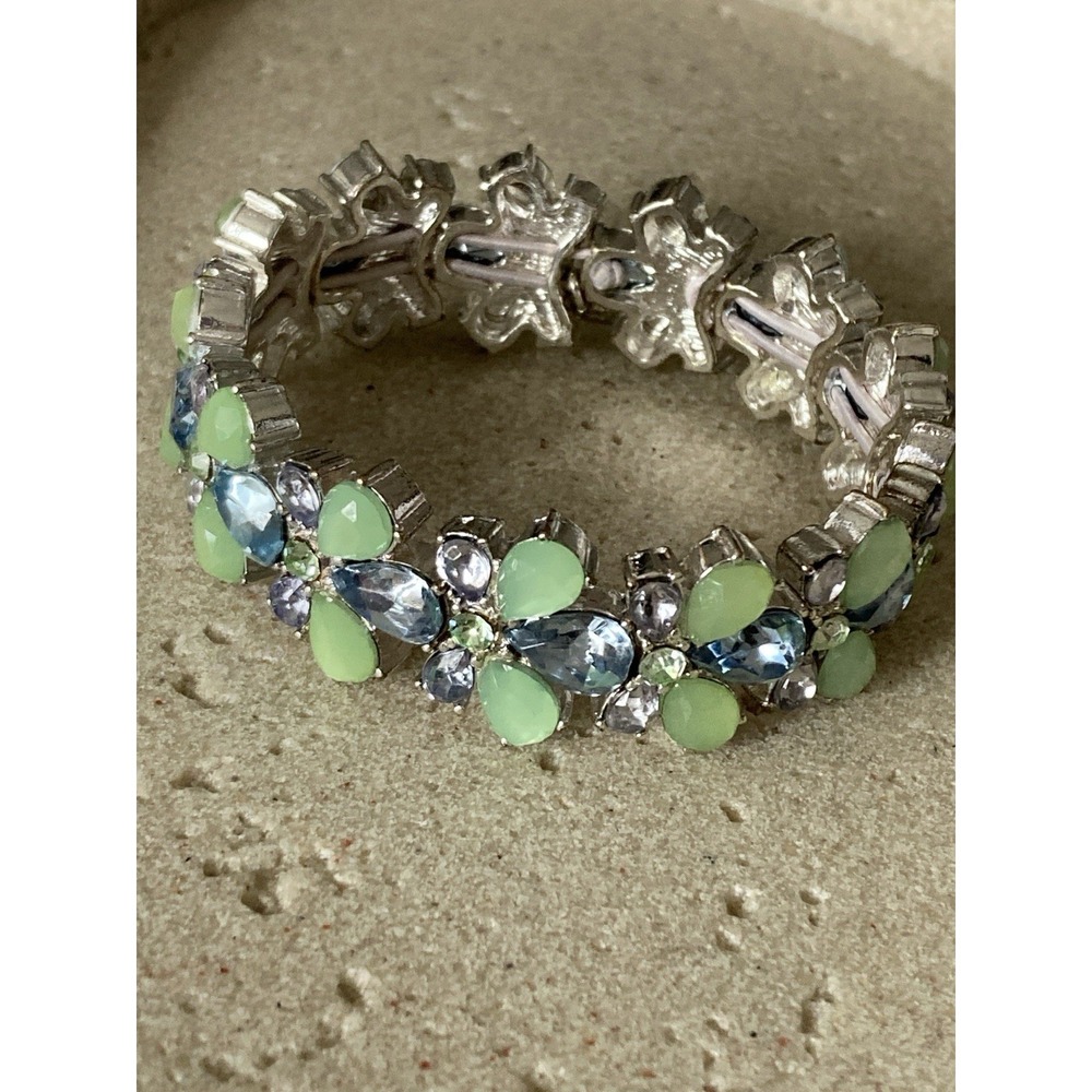 Silver‎ Tone Floral Rhinestone Bracelet Mint Green Blue Crystal Tennis Style